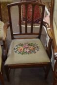 Early 19th century mahogany carver chair with fluted rail back, grospoint wool upholstered drop in