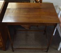 Mahogany occasional table of rectangular form with plain frieze, ring turned supports and joined