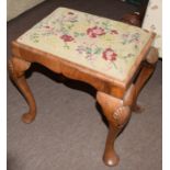 Group of three stools, the first: Queen Anne style in walnut on four shell carved cabriole legs with