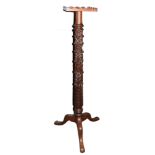 Gothic style mahogany torchere with square tray top, acanthus carved column and plain tripod base,