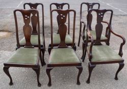 Set of six early 20th century mahogany Queen Anne style dining chairs, comprising two carvers and