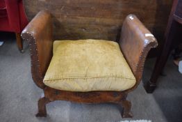 Vintage leather and brass studded X-frame stool, 58cm wide