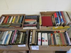 FIVE BOXES VARIOUS HARDBACK NOVELS, REFERENCE BOOKS ETC