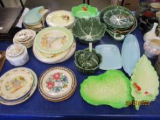 ROYAL DOULTON BUNNIKINS PLATE, CAKE STANDS, MAJOLICA TYPE WARES ETC