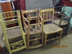 SEVEN VARIOUS VICTORIAN AND EARLY 20TH CENTURY RUSH SEATED AND OTHER BEDROOM CHAIRS (SOME WITH