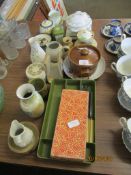 TRAY OF PLATED CUTLERY, VARIOUS JUGS, OTHER POTTERY ITEMS ETC