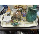 TRAY OF VARIOUS CERAMICS INCLUDING WADE FIGURE JUGS ETC