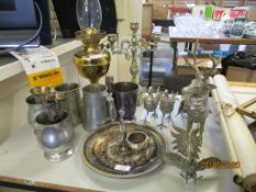 VICTORIAN BRASS OIL LAMP, VARIOUS PEWTER AND PLATED WARES