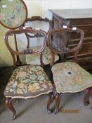 SET OF THREE VICTORIAN ROSEWOOD BALLOON BACK DINING CHAIRS WITH WORN WOOL WORK SEATS (3)