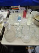 TRAY OF VARIOUS GLASS WARE, DECANTER, TANKARDS ETC