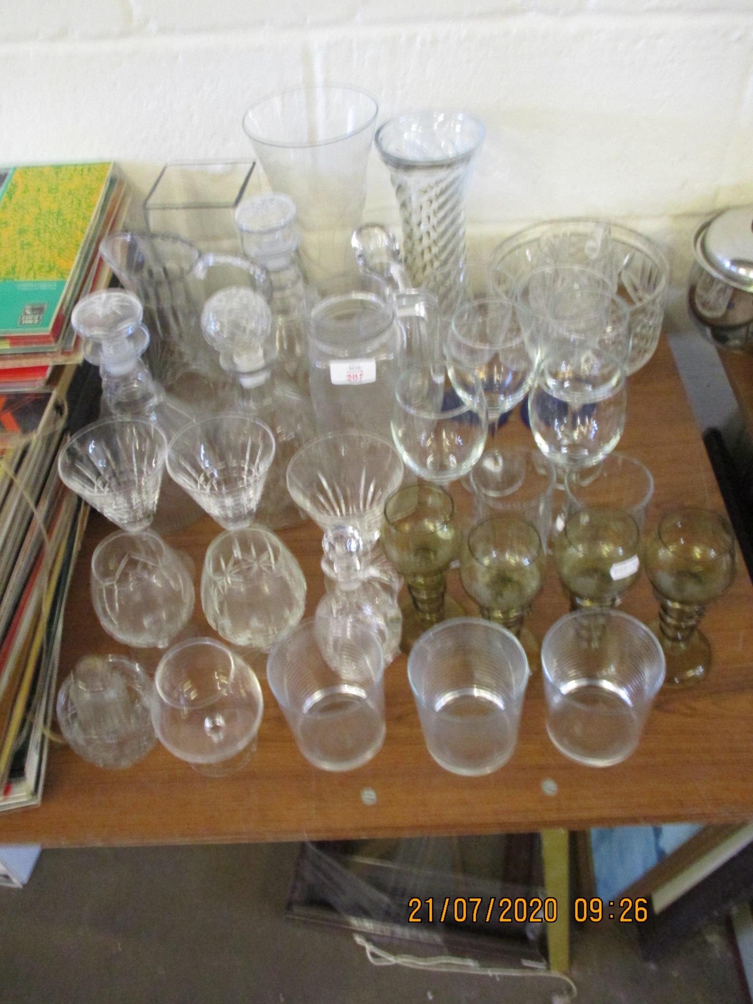 VARIOUS DRINKING GLASSES AND GLASS WARE INCLUDING DECANTERS, VASES ETC
