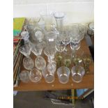 VARIOUS DRINKING GLASSES AND GLASS WARE INCLUDING DECANTERS, VASES ETC