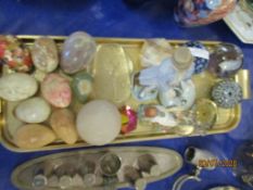 VARIOUS PAPERWEIGHTS, CERAMIC EGGS, FIGURE ETC