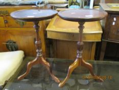 TWO REPRODUCTION MAHOGANY PEDESTAL TABLES, 30CM DIAM