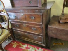 18TH CENTURY COUNTRY OAK CHEST OF THREE DRAWERS WITH BRASS FITTINGS, PANELLED SIDES AND BRACKET