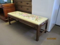 FRAMED LONG FOOT STOOL WITH GROSPOINT WOOL EMBROIDERED SEAT