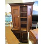 STAINED PINE SIDE CABINET, TOP AND BASE WITH PANELLED DOORS, 210CM HIGH X 100CM WIDE
