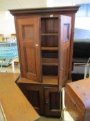 STAINED PINE SIDE CABINET, TOP AND BASE WITH PANELLED DOORS, 210CM HIGH X 100CM WIDE