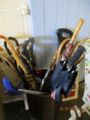 LARGE QUANTITY OF VARIOUS MODERN UMBRELLAS, WALKING STICKS ETC