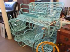 BLUE PAINTED CANE WORK CONSERVATORY SUITE COMPRISING FOUR SINGLE CHAIRS, A TWO-SEATER SOFA, GLASS