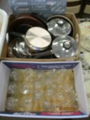 BOX OF VARIOUS DRINKING GLASSES AND A BOX OF KITCHEN WARE, AND A FURTHER BASKET OF VARIOUS POTTERY