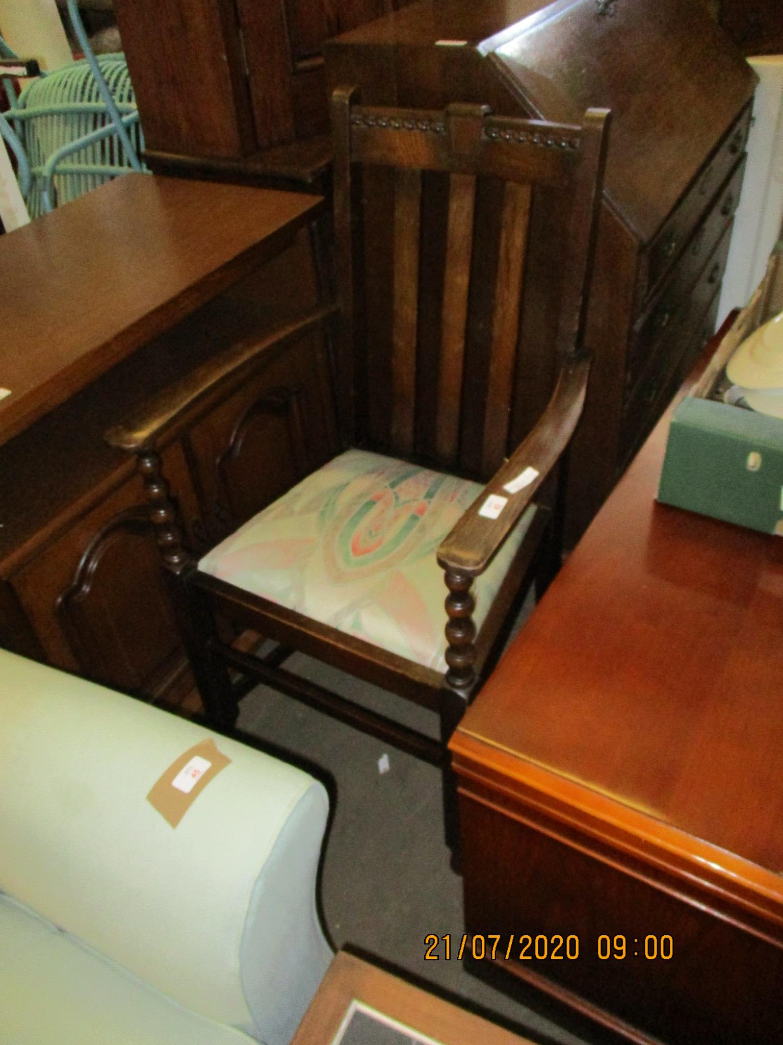 EALRY 20TH CENTURY OAK CARVER CHAIR WITH UPHOLSTERED SEAT - Image 3 of 3