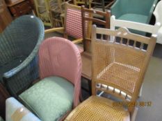 GREEN BASKET WORK CHAIR, PINK LLOYD LOOM CHAIR, EDWARDIAN ROCKING CHAIR WITH CANE BACK AND SEAT