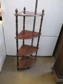 REPRODUCTION MAHOGANY BOW FRONTED FOUR TIER CORNER WHATNOT, 110CM HIGH