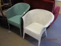 VINTAGE WHITE PAINTED LLOYD LOOM CHAIR AND A BLUE WICKER CHAIR