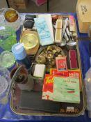 LARGE TRAY OF VARIOUS CUTLERY, BRASS WARE ETC