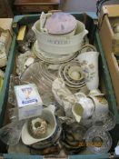 BOX OF WEDGWOOD “KUTANI CRANE” VASE, GLASS WARE, VICTORIAN BUTTER TUB ETC