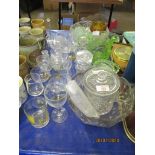 VARIOUS DRINKING GLASSES, GLASS JUGS AND BOWLS ETC