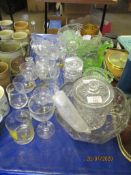 VARIOUS DRINKING GLASSES, GLASS JUGS AND BOWLS ETC