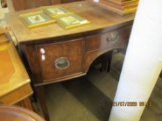 19TH CENTURY MAHOGANY BOW FRONTED SMALL SIDEBOARD OR SIDE TABLE HAVING THREE DRAWERS TO SHAPED