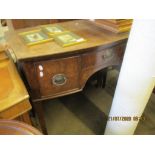 19TH CENTURY MAHOGANY BOW FRONTED SMALL SIDEBOARD OR SIDE TABLE HAVING THREE DRAWERS TO SHAPED