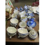 VARIOUS BOOTHS COFFEE CUPS AND SAUCERS, OTHER BLUE AND WHITE WARES ETC