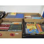 FOUR BOXES OF VARIOUS HARDBACK BOOKS INCLUDING TOPPER ANNUAL 1970, TV INTEREST, REFERENCE ETC