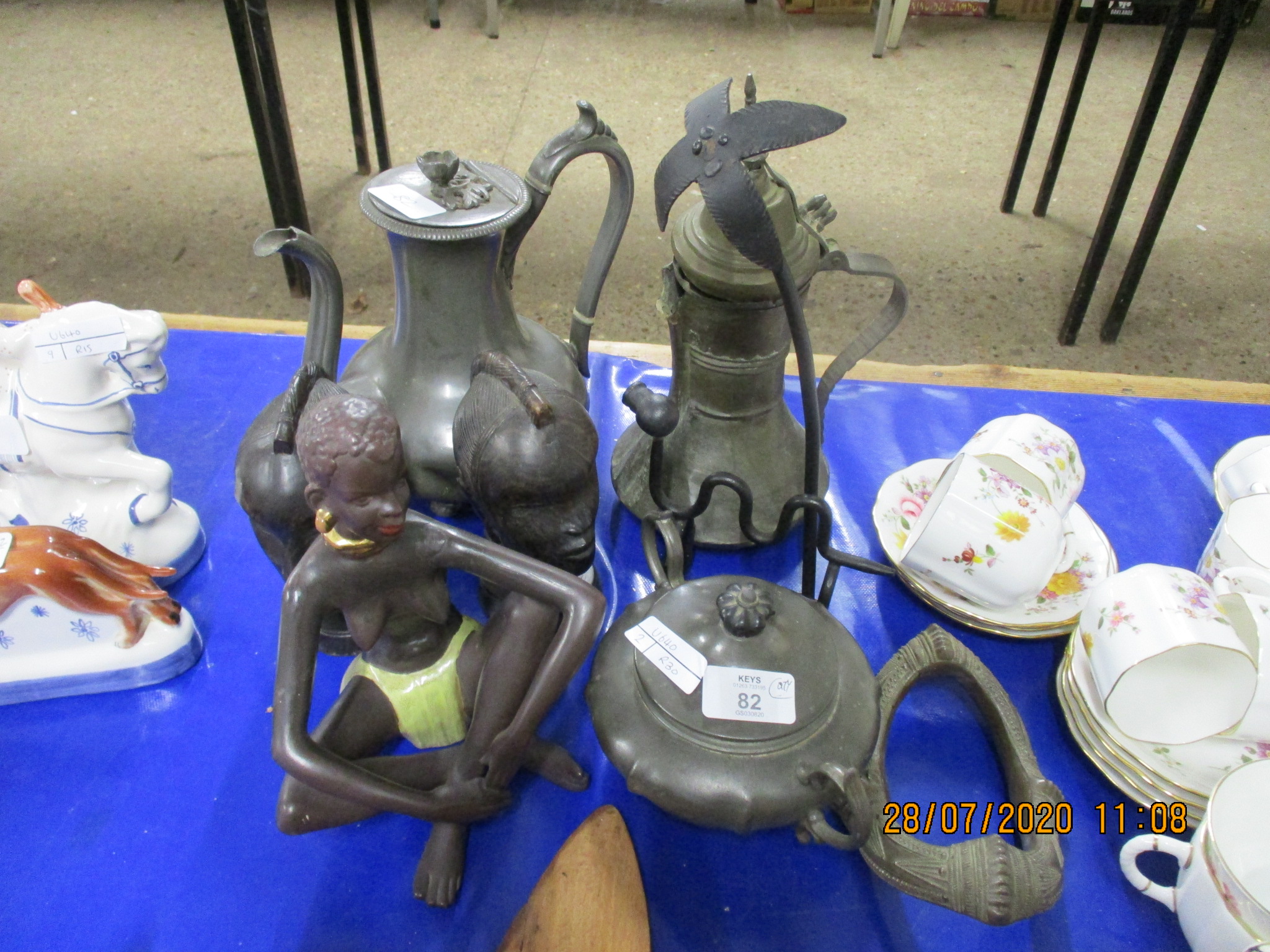 TWO COFFEE POTS TOGETHER WITH VARIOUS TRIBAL FIGURES