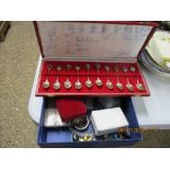 CASED SET OF “STERLING” STAMPED COMMEMORATIVE TEA SPOONS TOGETHER WITH BOX CONTAINING VARIOUS