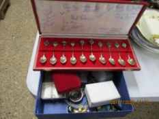 CASED SET OF “STERLING” STAMPED COMMEMORATIVE TEA SPOONS TOGETHER WITH BOX CONTAINING VARIOUS