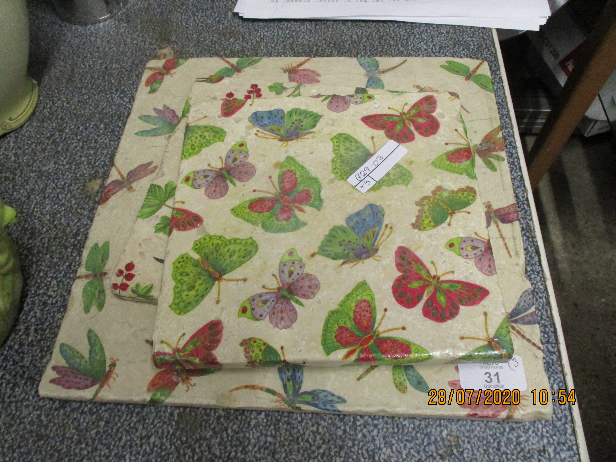 THREE SIMILAR DECORATIVE CERAMIC TILES DECORATED WITH BUTTERFLIES, THE LARGEST APPROX 30CM SQ