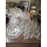 QUANTITY OF VARIOUS GLASS INCLUDING SHIP’S DECANTER, PAIR OF FLORAL DECORATED SMALL VASES