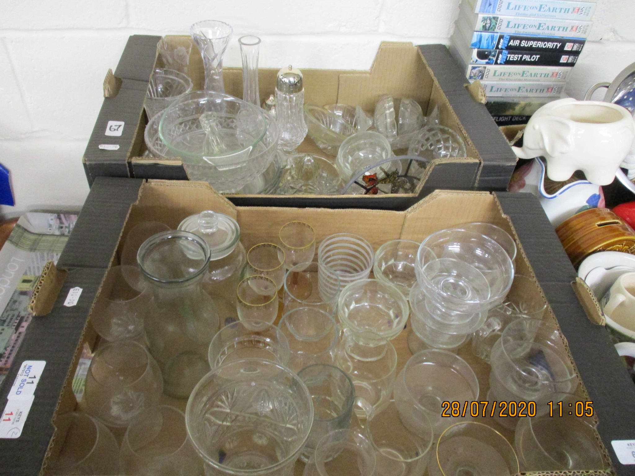 TWO BOXES VARIOUS GLASSWARE INCLUDING DRINKING GLASSES, TUREENS, SIFTER ETC