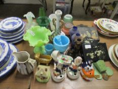 QUANTITY OF VARIOUS COLOURED GLASS, CERAMICS, FIGURES, WALL POCKETS ETC