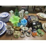 QUANTITY OF VARIOUS COLOURED GLASS, CERAMICS, FIGURES, WALL POCKETS ETC