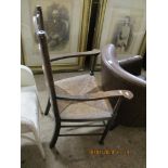 ARTS & CRAFTS STYLE OAK LADDER BACK CHAIR WITH RUSH SEAT, APPROX 104CM HIGH