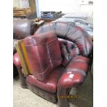 MODERN RED LEATHER UPHOLSTERED EASY CHAIR AND MATCHING FOOT STOOL