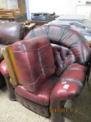 MODERN RED LEATHER UPHOLSTERED EASY CHAIR AND MATCHING FOOT STOOL