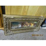 LARGE FRAMED OIL ON BOARD CONTAINED WITHIN AN ORNATE FRAME DEPICTING A SEA BATTLE, WIDTH INCLUDING