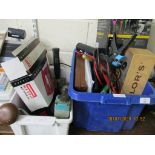 TWO BOXES CONTAINING ASSORTED TOOLS AND GARAGE CLEARANCE INCLUDING JUMP LEADS ETC